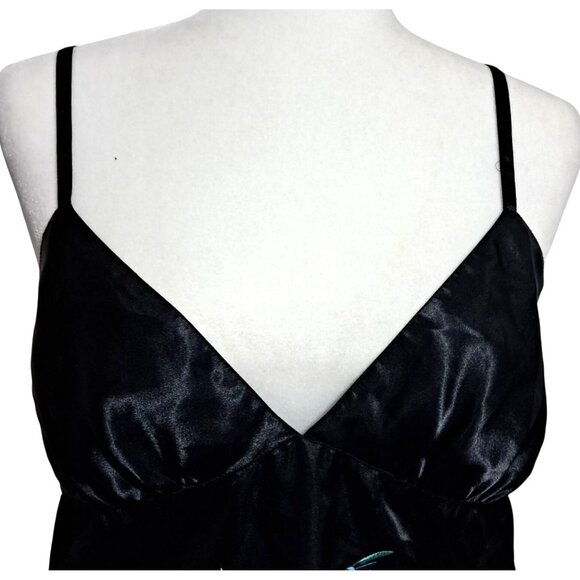 Y2K Divided Black Satin Embroidered Camisole Top With Floral & Bird Design Adjus - Picture 5 of 12